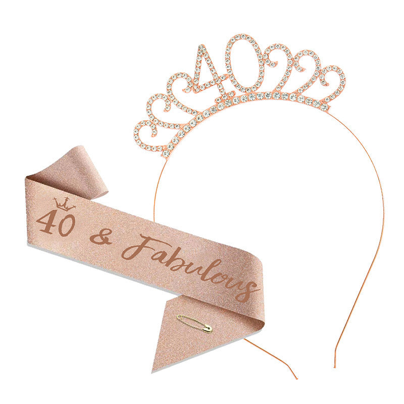 40th Birthday Tiara Crown & Sash Set 40 & Fabulous Glitter Headband Gift Prop