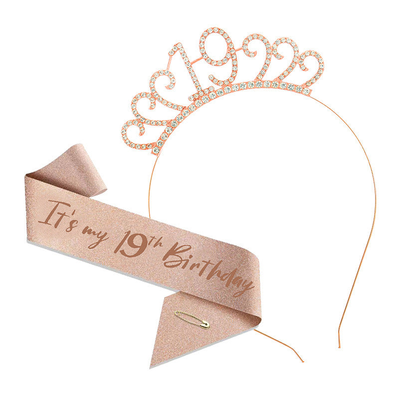 19th Birthday Girl Tiara Crown & Sash Set Glitter Headband Party Gift Prop