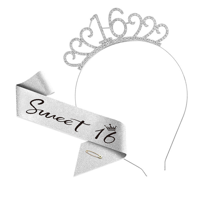 Sweet 16 Birthday Tiara Crown & Sash Set Girl Glitter Headband Party Prop Gift