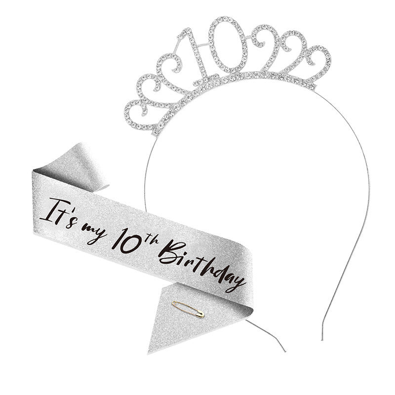 Girls 10th Birthday Tiara & Sash Set Glitter Crown Party Accessories