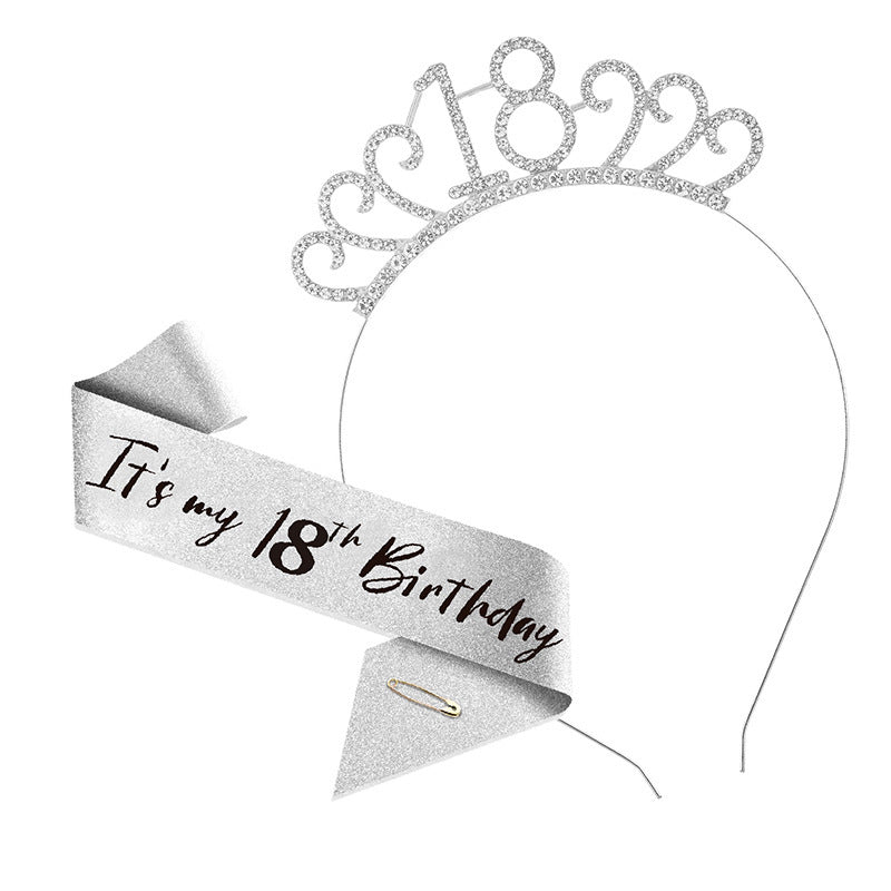 18th Birthday Girl Tiara Crown & Sash Set Glitter Headband Party Gift Prop