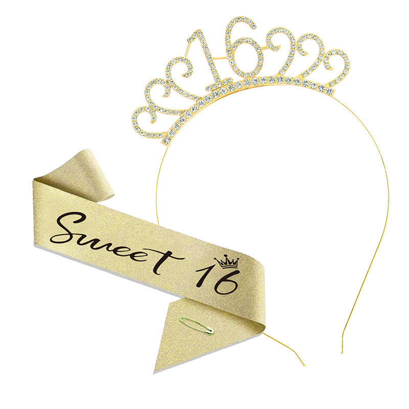 Sweet 16 Birthday Tiara Crown & Sash Set Girl Glitter Headband Party Prop Gift
