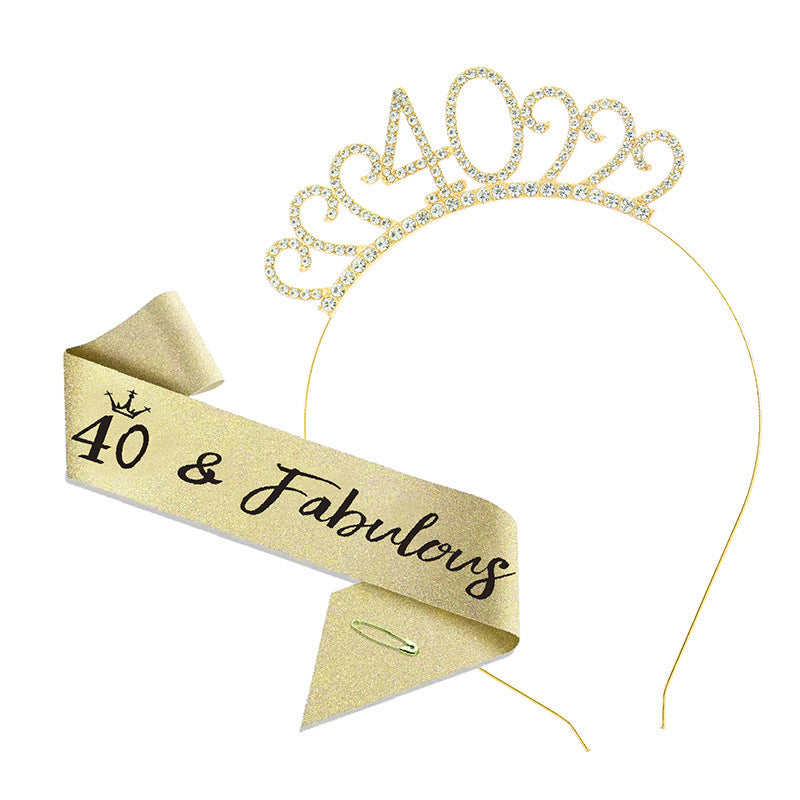 40th Birthday Tiara Crown & Sash Set 40 & Fabulous Glitter Headband Gift Prop