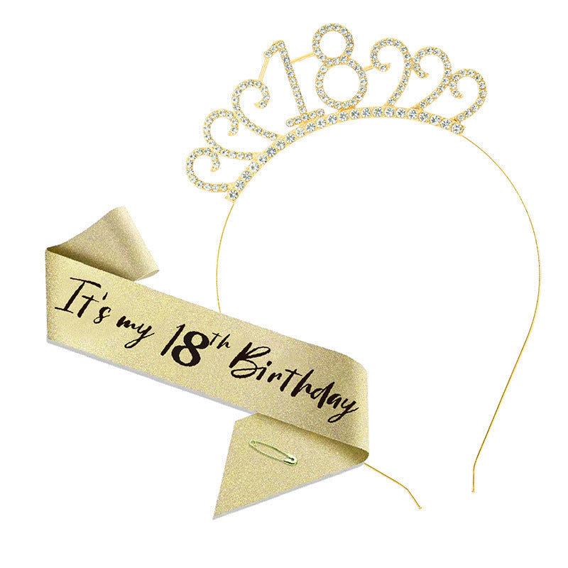 18th Birthday Girl Tiara Crown & Sash Set Glitter Headband Party Gift Prop