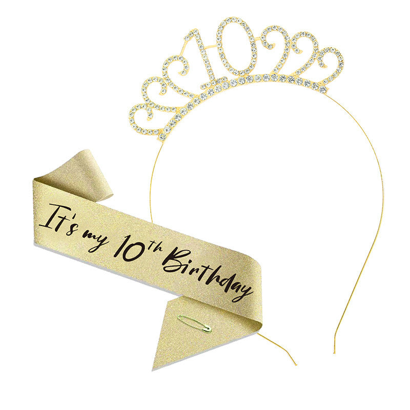 Girls 10th Birthday Tiara & Sash Set Glitter Crown Party Accessories