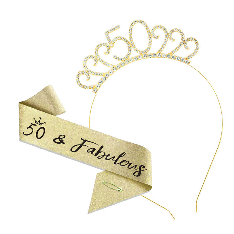 50th Birthday Girl Tiara Crown & Sash Set 50 & Fabulous Glitter Party Prop