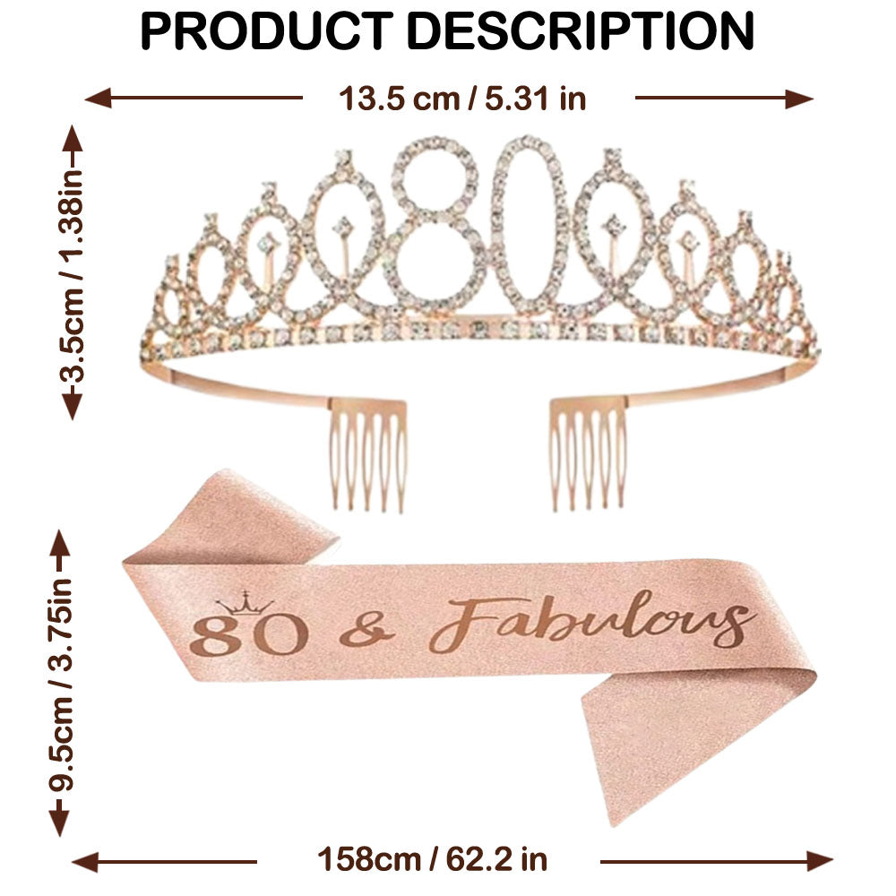 Ecomtwist 80th Birthday Sash & Tiara Set - Rose Gold “80 & Fabulous” Sash & Rhinestone Tiara - Perfect for 80th Birthday Gifts, Decorations, Crown, Headband, and Party Accessories for Women.