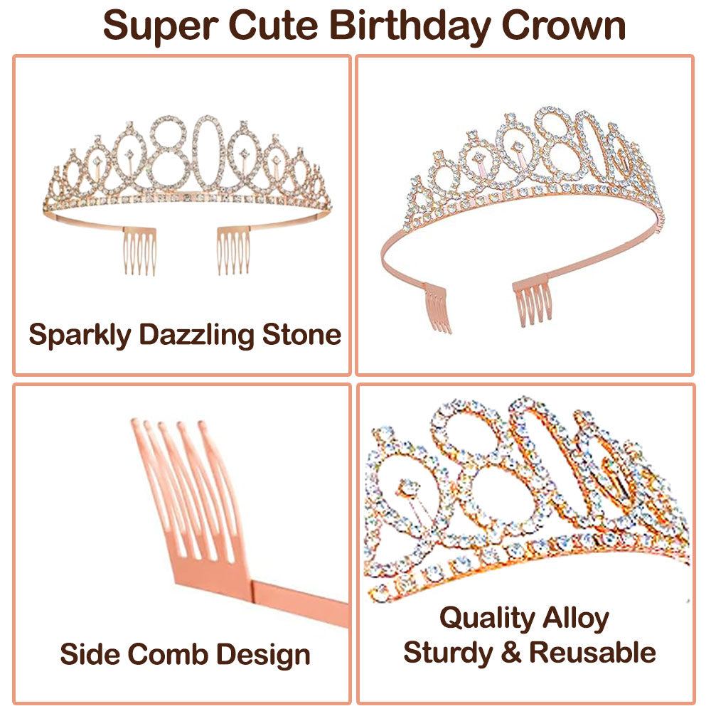 Ecomtwist 80th Birthday Sash & Tiara Set - Rose Gold “80 & Fabulous” Sash & Rhinestone Tiara - Perfect for 80th Birthday Gifts, Decorations, Crown, Headband, and Party Accessories for Women.