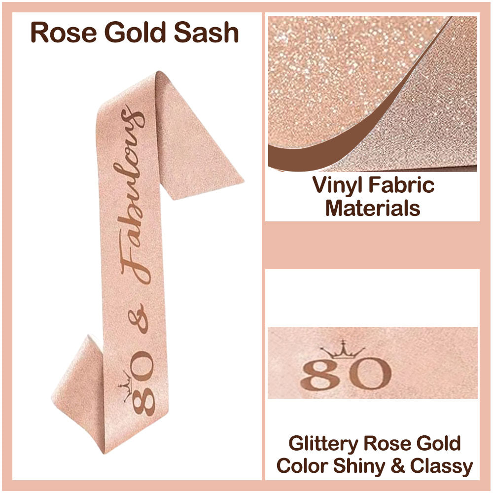 Ecomtwist 80th Birthday Sash & Tiara Set - Rose Gold “80 & Fabulous” Sash & Rhinestone Tiara - Perfect for 80th Birthday Gifts, Decorations, Crown, Headband, and Party Accessories for Women.