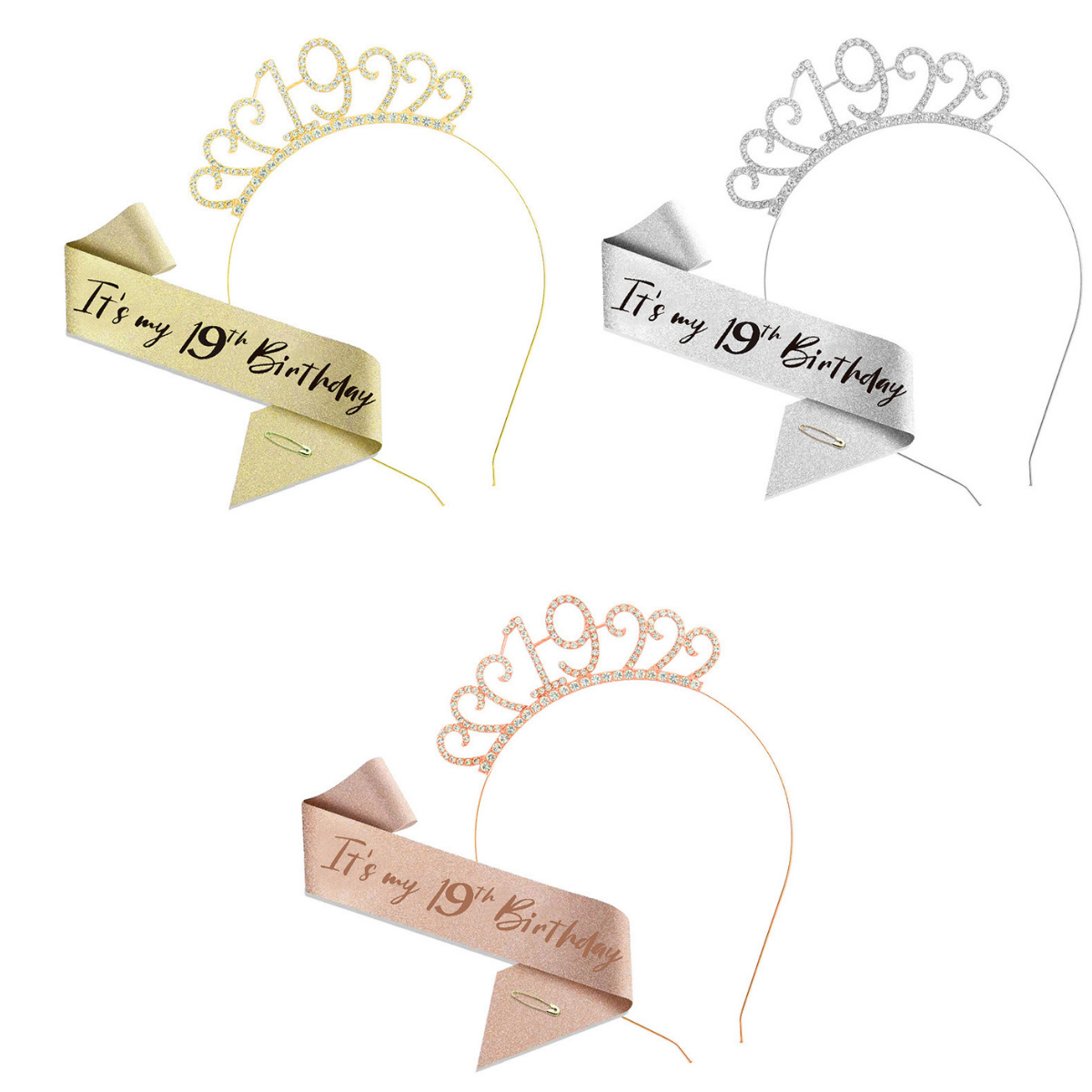 19th Birthday Girl Tiara Crown & Sash Set Glitter Headband Party Gift Prop