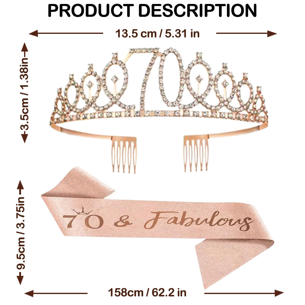 Ecomtwist 70th Birthday Sash & Tiara Set - Rose Gold 70 & Fabulous Sash & Rhinestone Tiara - Perfect for 70th Birthday Gifts, Decorations, Crown, Headband, and Party Accessories for Women.