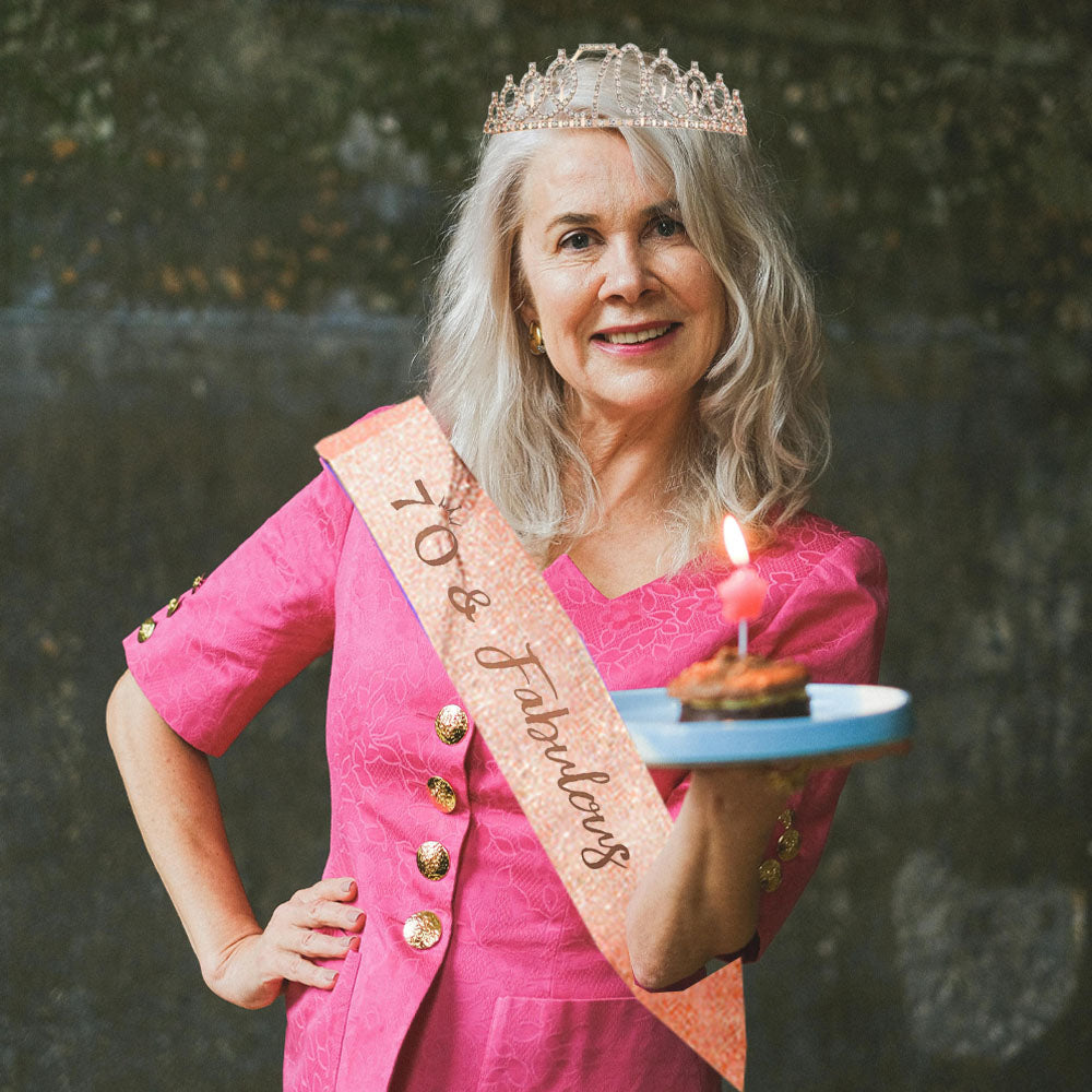 Ecomtwist 70th Birthday Sash & Tiara Set - Rose Gold 70 & Fabulous Sash & Rhinestone Tiara - Perfect for 70th Birthday Gifts, Decorations, Crown, Headband, and Party Accessories for Women.