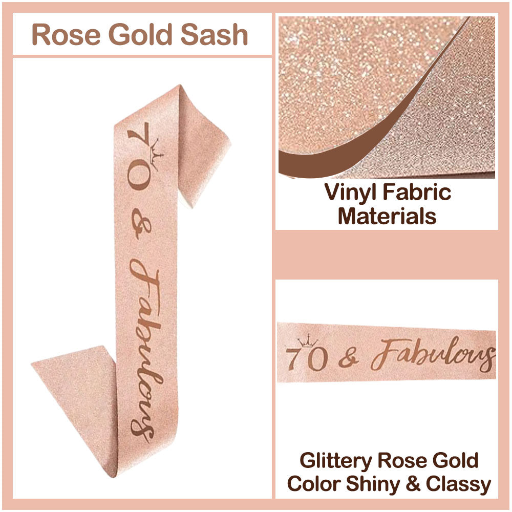 Ecomtwist 70th Birthday Sash & Tiara Set - Rose Gold 70 & Fabulous Sash & Rhinestone Tiara - Perfect for 70th Birthday Gifts, Decorations, Crown, Headband, and Party Accessories for Women.