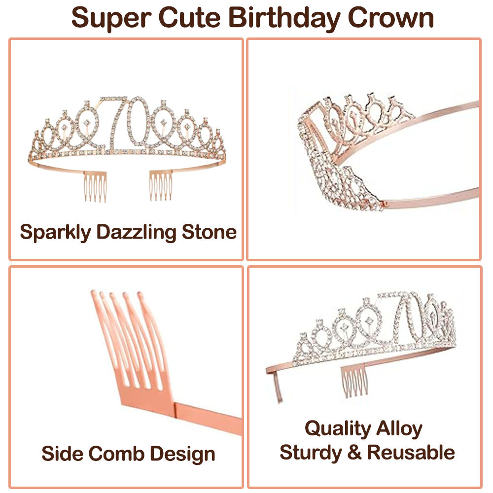 Ecomtwist 70th Birthday Sash & Tiara Set - Rose Gold 70 & Fabulous Sash & Rhinestone Tiara - Perfect for 70th Birthday Gifts, Decorations, Crown, Headband, and Party Accessories for Women.
