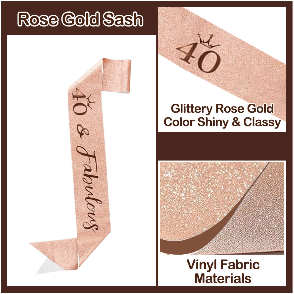 Ecomtwist 40th Birthday Sash & Tiara Set - Rose Gold 40 & Fabulous Sash & Rhinestone Tiara - Perfect for 40th Birthday Gifts, Decorations, Crown, Headband, and Party Accessories for Women.