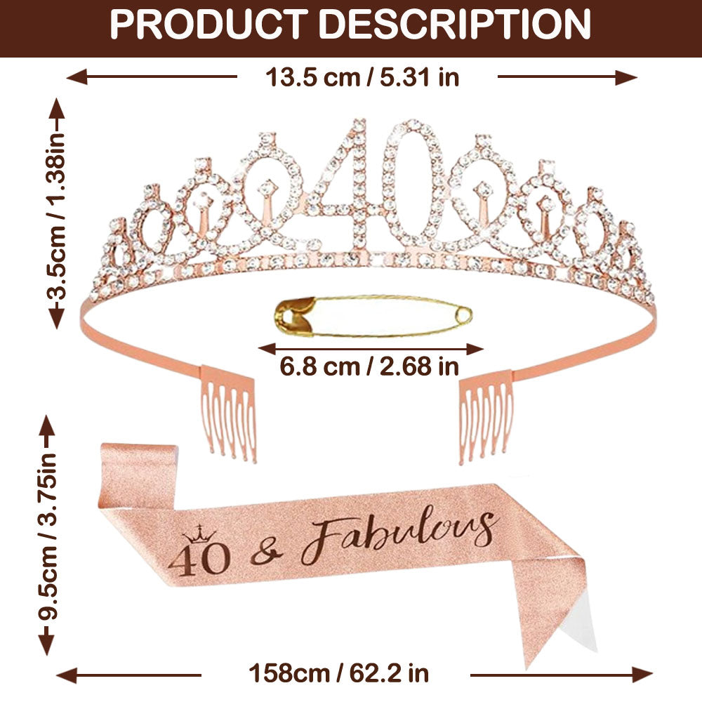 Ecomtwist 40th Birthday Sash & Tiara Set - Rose Gold 40 & Fabulous Sash & Rhinestone Tiara - Perfect for 40th Birthday Gifts, Decorations, Crown, Headband, and Party Accessories for Women.