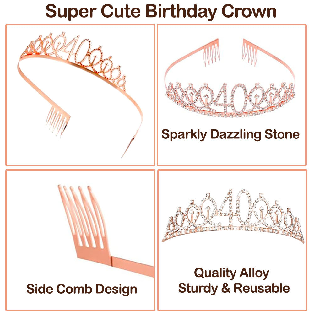 Ecomtwist 40th Birthday Sash & Tiara Set - Rose Gold 40 & Fabulous Sash & Rhinestone Tiara - Perfect for 40th Birthday Gifts, Decorations, Crown, Headband, and Party Accessories for Women.