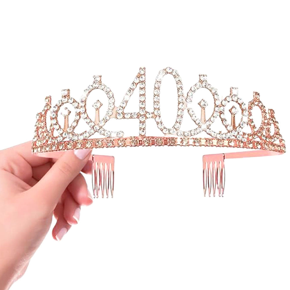 Ecomtwist 40th Birthday Sash & Tiara Set - Rose Gold 40 & Fabulous Sash & Rhinestone Tiara - Perfect for 40th Birthday Gifts, Decorations, Crown, Headband, and Party Accessories for Women.