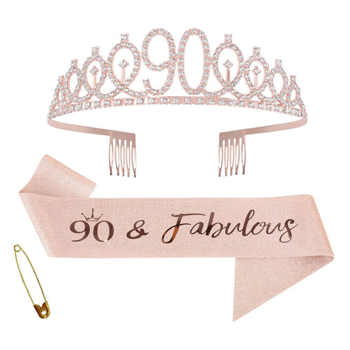 Ecomtwist 90th Birthday Sash & Tiara Set - Rose Gold “90 & Fabulous” Sash & Rhinestone Tiara - Perfect for 90th Birthday Gifts, Decorations, Crown, Headband, and Party Accessories for Women.