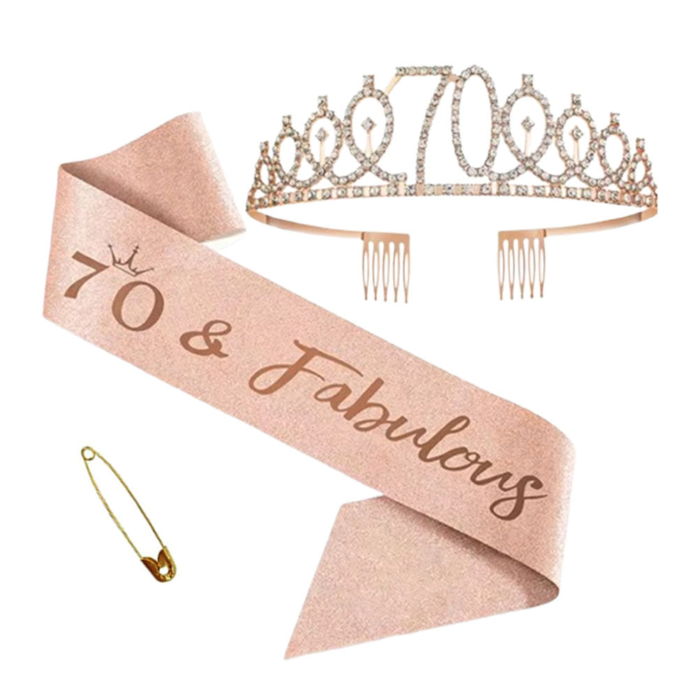 Ecomtwist 70th Birthday Sash & Tiara Set - Rose Gold 70 & Fabulous Sash & Rhinestone Tiara - Perfect for 70th Birthday Gifts, Decorations, Crown, Headband, and Party Accessories for Women.