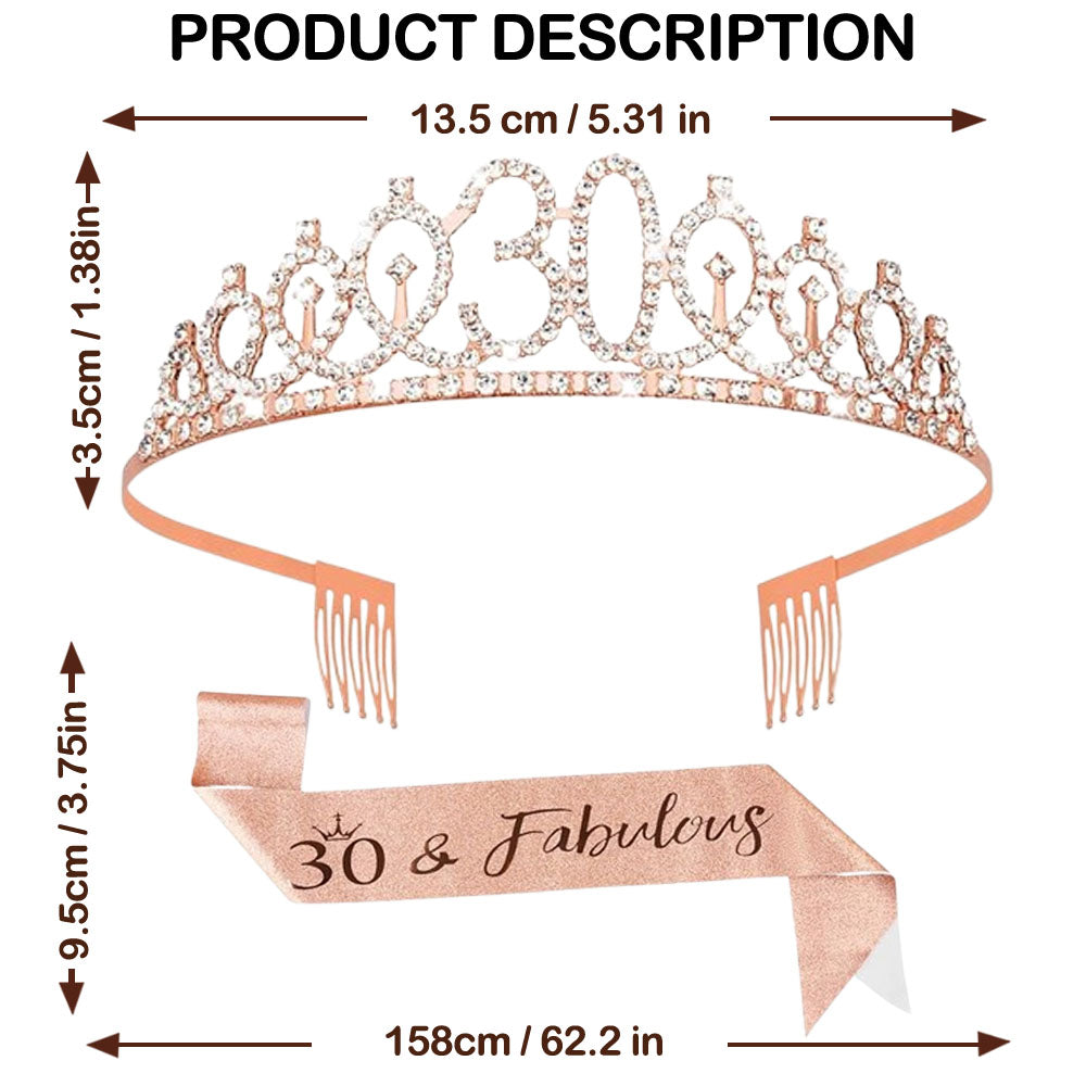 Ecomtwist 30th Birthday Sash & Tiara Set - Elegant Rose Gold Glitter Sash with "30 and Fabulous" Text and Sparkling Rhinestone Tiara - Celebrating Her Milestone 30th Birthday Gifts for Women
