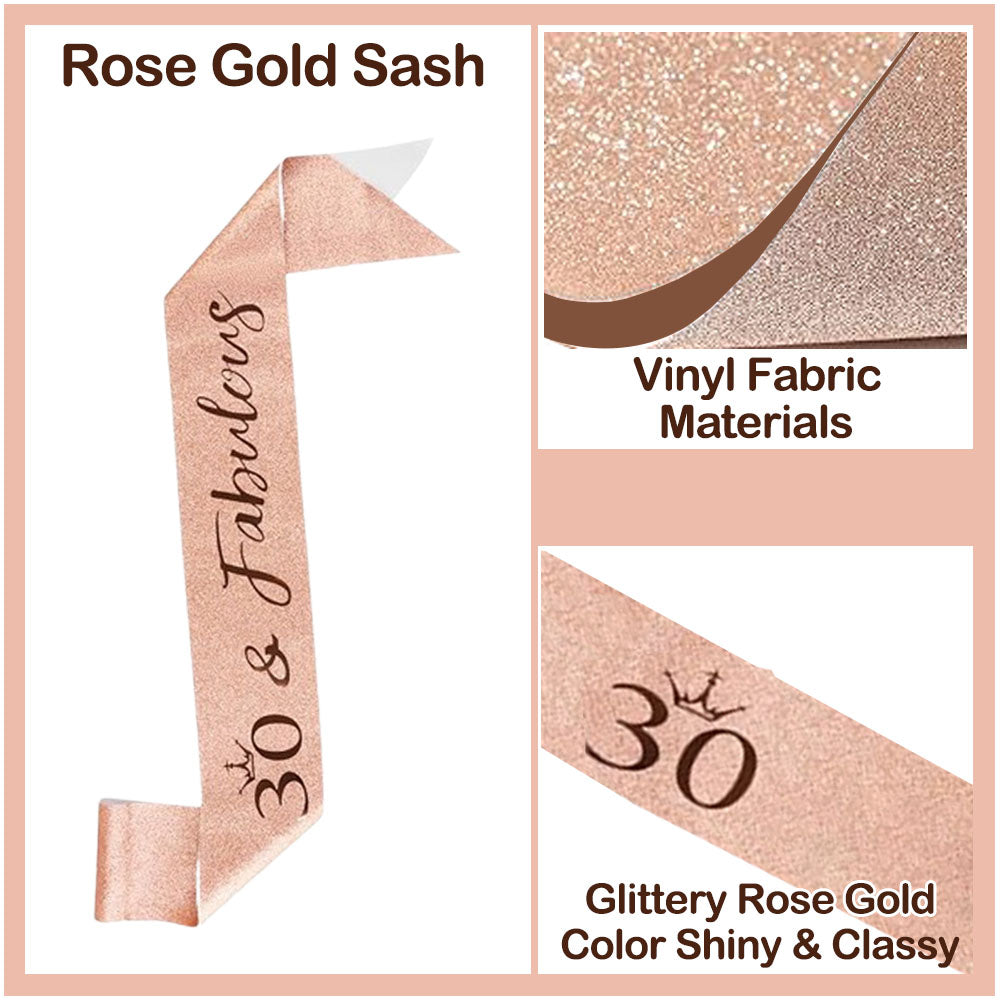 Ecomtwist 30th Birthday Sash & Tiara Set - Elegant Rose Gold Glitter Sash with "30 and Fabulous" Text and Sparkling Rhinestone Tiara - Celebrating Her Milestone 30th Birthday Gifts for Women