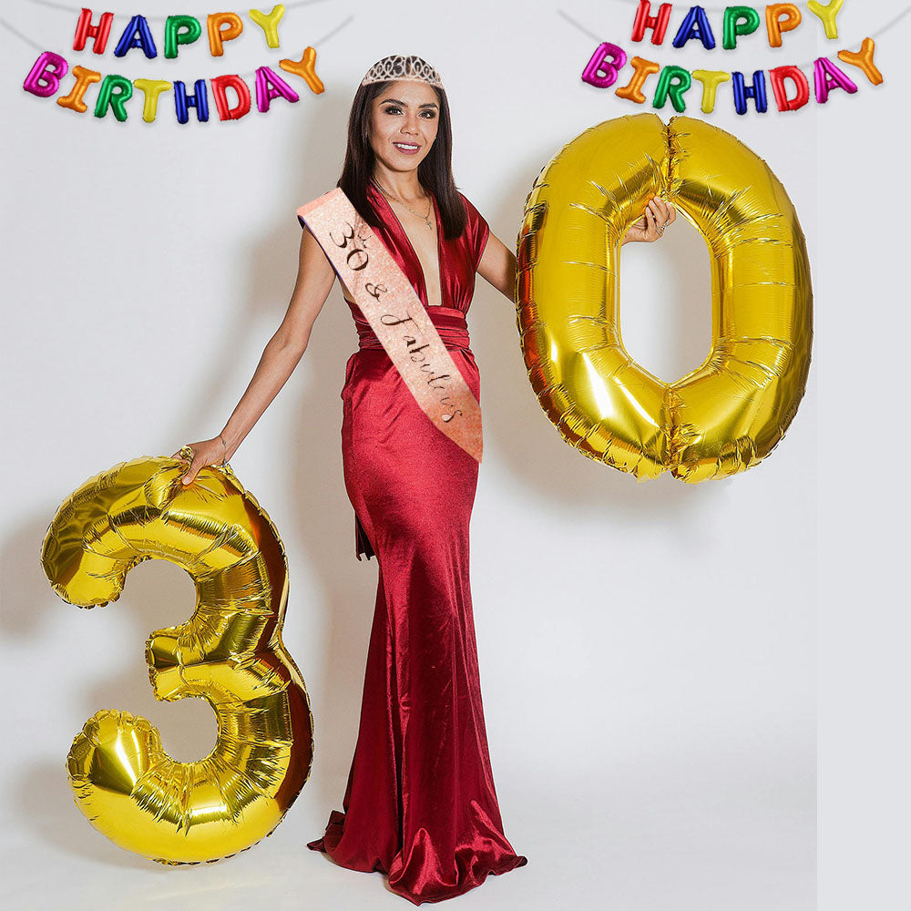 Ecomtwist 30th Birthday Sash & Tiara Set - Elegant Rose Gold Glitter Sash with "30 and Fabulous" Text and Sparkling Rhinestone Tiara - Celebrating Her Milestone 30th Birthday Gifts for Women