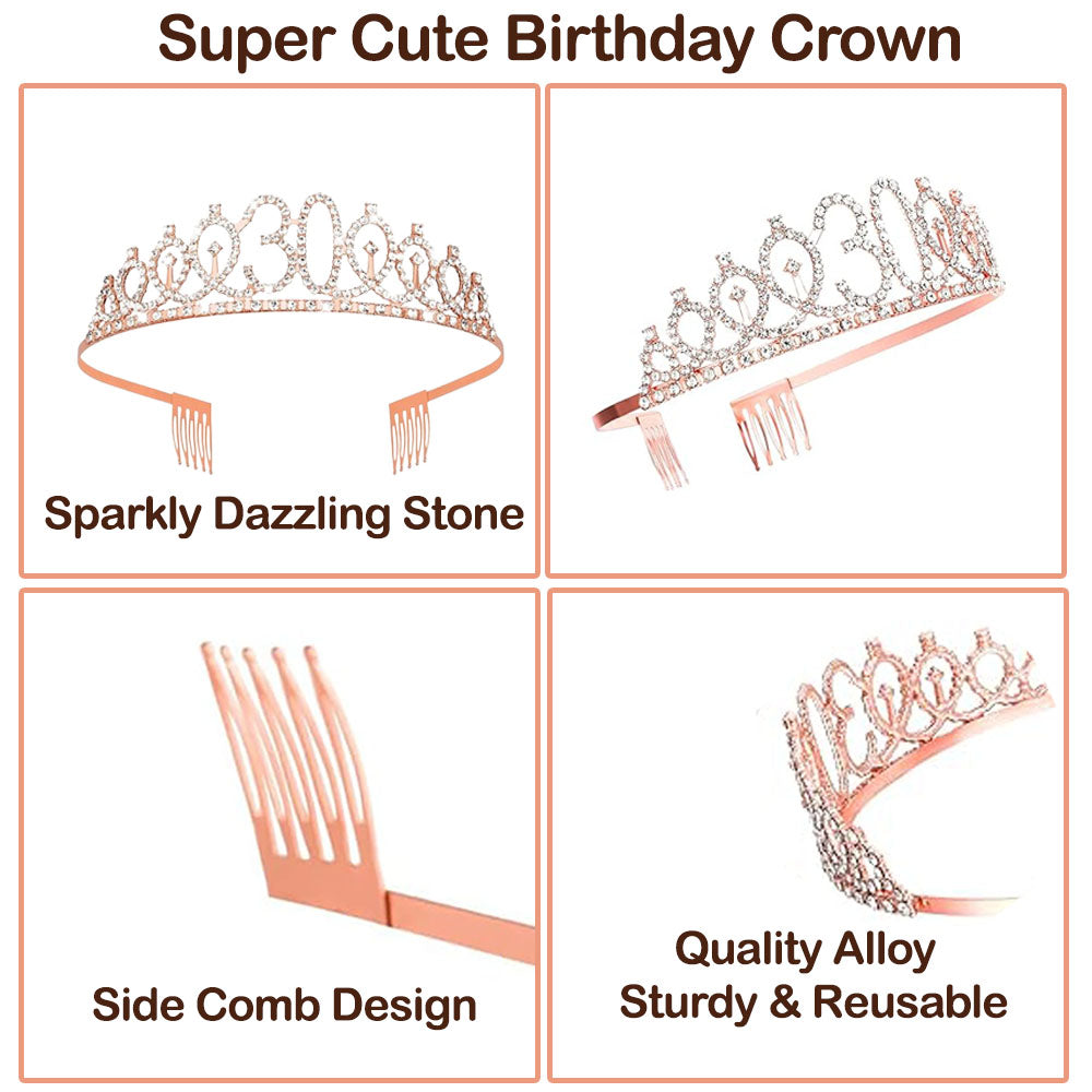 Ecomtwist 30th Birthday Sash & Tiara Set - Elegant Rose Gold Glitter Sash with "30 and Fabulous" Text and Sparkling Rhinestone Tiara - Celebrating Her Milestone 30th Birthday Gifts for Women