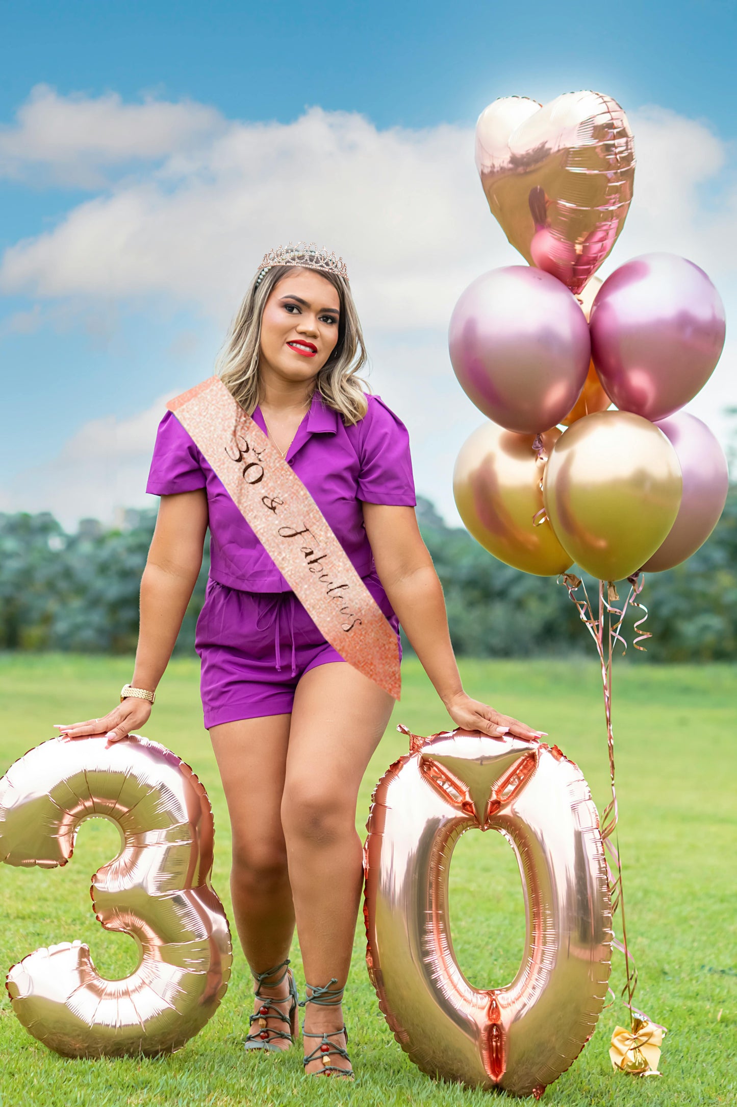 Ecomtwist 30th Birthday Sash & Tiara Set - Elegant Rose Gold Glitter Sash with "30 and Fabulous" Text and Sparkling Rhinestone Tiara - Celebrating Her Milestone 30th Birthday Gifts for Women