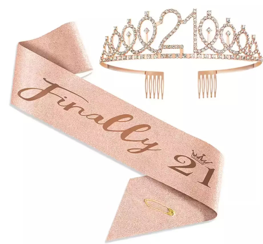 Ecomtwist 21st Birthday Sash & Tiara Set - Rose Gold “21 and Fabulous” Sash & Rhinestone Tiara - Perfect for 21st Birthday Gifts, Decorations, and Party Accessories