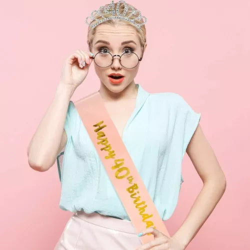 Happy Birthday Silver Tiara Headband Rose Gold Sash 18/30/40/50/60th Girls Crown