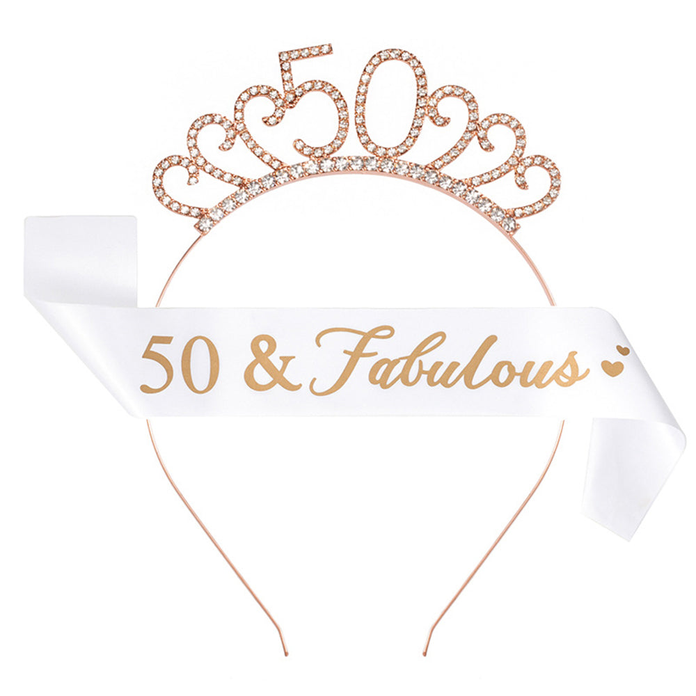 Ecomtwist 50th Birthday Sash & Tiara Set – Rose Gold '50 & Fabulous' Sash with Rhinestone Tiara – Perfect for 50th Birthday Gifts, Decorations, Party Accessories, Crown, and Headband for Women.