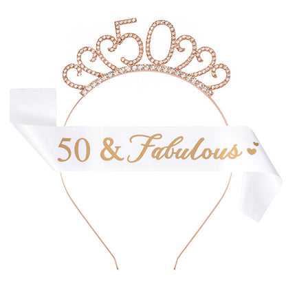 Ecomtwist 50th Birthday Sash & Tiara Set – Rose Gold '50 & Fabulous' Sash with Rhinestone Tiara – Perfect for 50th Birthday Gifts, Decorations, Party Accessories, Crown, and Headband for Women.