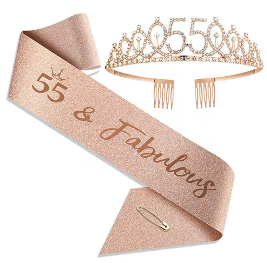 55Th Birthday Sash and Tiara for Girls, 55Th Birthday Gifts Girls Birthday Crown