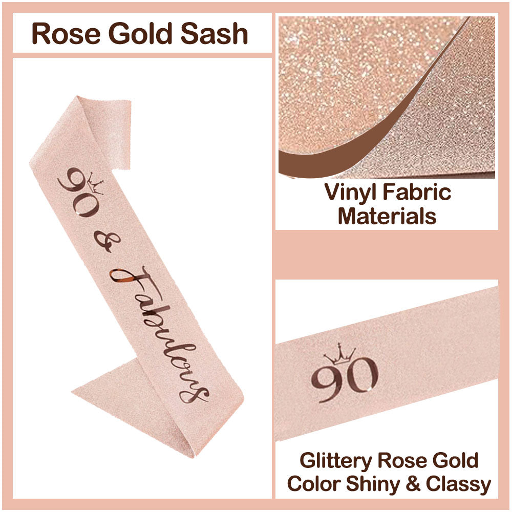 Ecomtwist 90th Birthday Sash & Tiara Set - Rose Gold “90 & Fabulous” Sash & Rhinestone Tiara - Perfect for 90th Birthday Gifts, Decorations, Crown, Headband, and Party Accessories for Women.