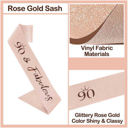 Ecomtwist 90th Birthday Sash & Tiara Set - Rose Gold “90 & Fabulous” Sash & Rhinestone Tiara - Perfect for 90th Birthday Gifts, Decorations, Crown, Headband, and Party Accessories for Women.