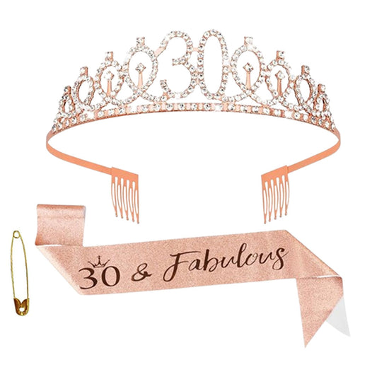 Ecomtwist 30th Birthday Sash & Tiara Set - Elegant Rose Gold Glitter Sash with "30 and Fabulous" Text and Sparkling Rhinestone Tiara - Celebrating Her Milestone 30th Birthday Gifts for Women