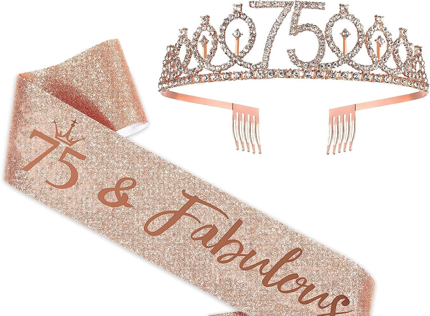 75Th Birthday Sash and Tiara for Women, Rose Gold Birthday Sash Crown &