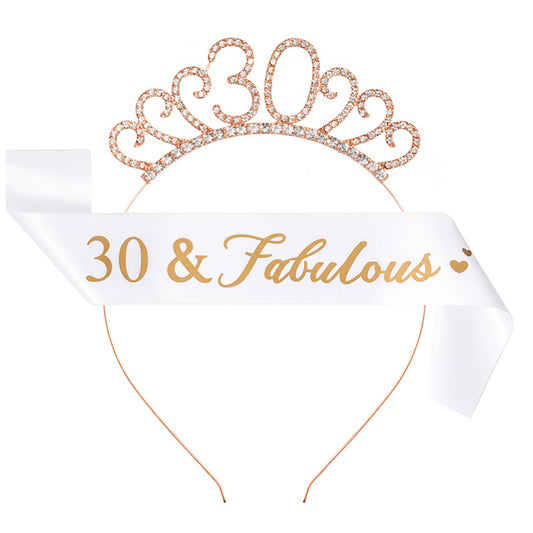 Ecomtwist 30th Birthday Sash & Tiara Set – Rose Gold Glitter Sash with 30 and Fabulous Text and Sparkling Rhinestone Tiara – Perfect Milestone Birthday Gift for Women.