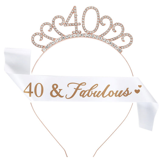 Ecomtwist 40th Birthday Sash and Tiara Set - Rose Gold 40 & Fabulous Sash with Rhinestone Tiara - Ideal for 40th Birthday Gifts, Celebrations, Crowns, Headbands, and Party Accessories for Women.