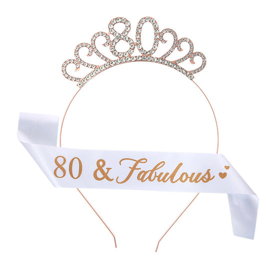 Ecomtwist 80th Birthday Sash & Tiara Set - Rose Gold 80 & Fabulous Satin Sash and Rhinestone Tiara - Ideal for 80th Birthday Gifts, Decorations, and Celebration Accessories for Women