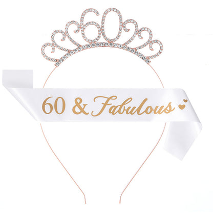 Ecomtwist 60th Celebration Sash & Crown Set - Rose Gold 60 and Fabulous Sash & Sparkling Rhinestone Crown - Ideal for 60th Birthday Gifts for Her, Milestone Party Decorations, and Accessories.