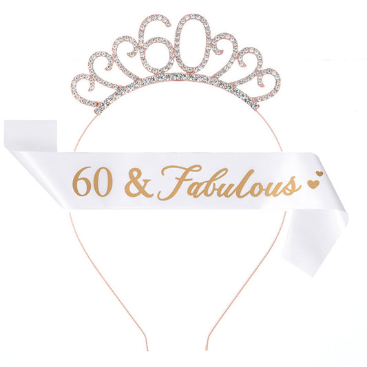 Ecomtwist 60th Celebration Sash & Crown Set - Rose Gold 60 and Fabulous Sash & Sparkling Rhinestone Crown - Ideal for 60th Birthday Gifts for Her, Milestone Party Decorations, and Accessories.