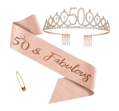 Ecomtwist 50th Birthday Sash & Tiara Set – Rose Gold 50 & Fabulous Sash & Rhinestone Tiara – Perfect for 50th Birthday Gifts, Decorations, Crown, Headband, and Party Accessories for Women
