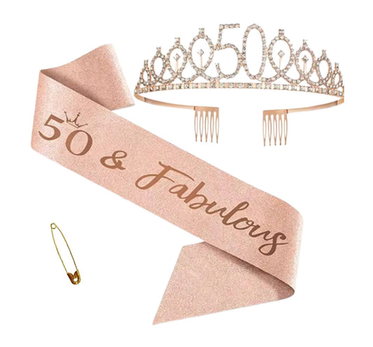 Ecomtwist 50th Birthday Sash & Tiara Set – Rose Gold 50 & Fabulous Sash & Rhinestone Tiara – Perfect for 50th Birthday Gifts, Decorations, Crown, Headband, and Party Accessories for Women