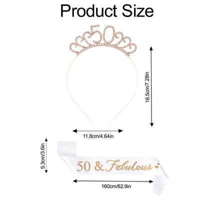 Ecomtwist 50th Birthday Sash & Tiara Set – Rose Gold '50 & Fabulous' Sash with Rhinestone Tiara – Perfect for 50th Birthday Gifts, Decorations, Party Accessories, Crown, and Headband for Women.