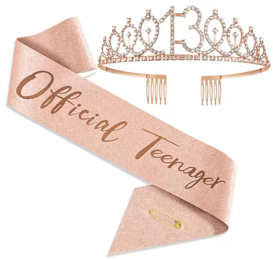 E-Twist 13Th Birthday Sash and Tiara,Official Teenager Sash Rhinestone Crown