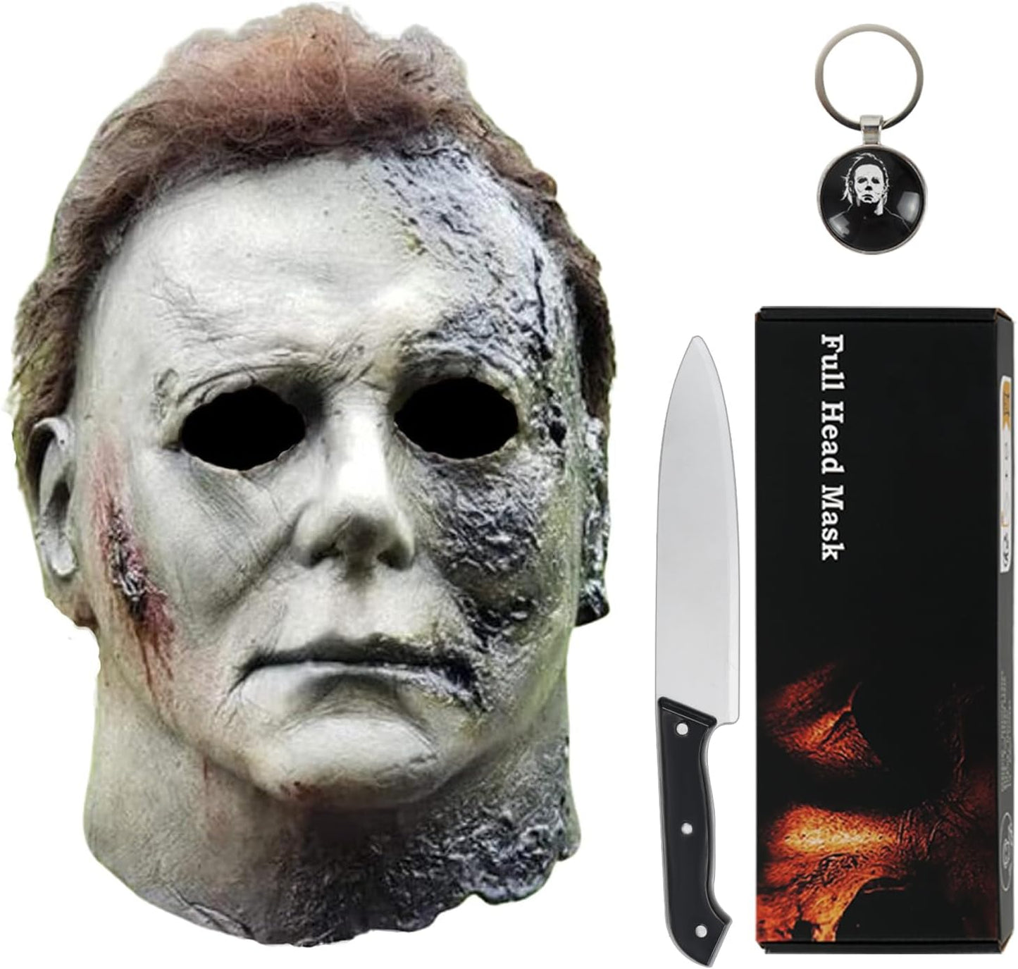  Michael Myers Mask for Adults, Original Micheal Myers Face - Halloween 1978, Full Head Mask Halloween Horror Face Headgear Latex Rubber with Hair, Includes Knife and Keychain