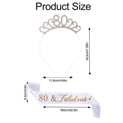Ecomtwist 80th Birthday Sash & Tiara Set - Rose Gold 80 & Fabulous Satin Sash and Rhinestone Tiara - Ideal for 80th Birthday Gifts, Decorations, and Celebration Accessories for Women