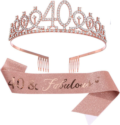 40 and Fabulous Sash & Rhinestone Tiara Set Crown 40Th Birthday Gifts for Women